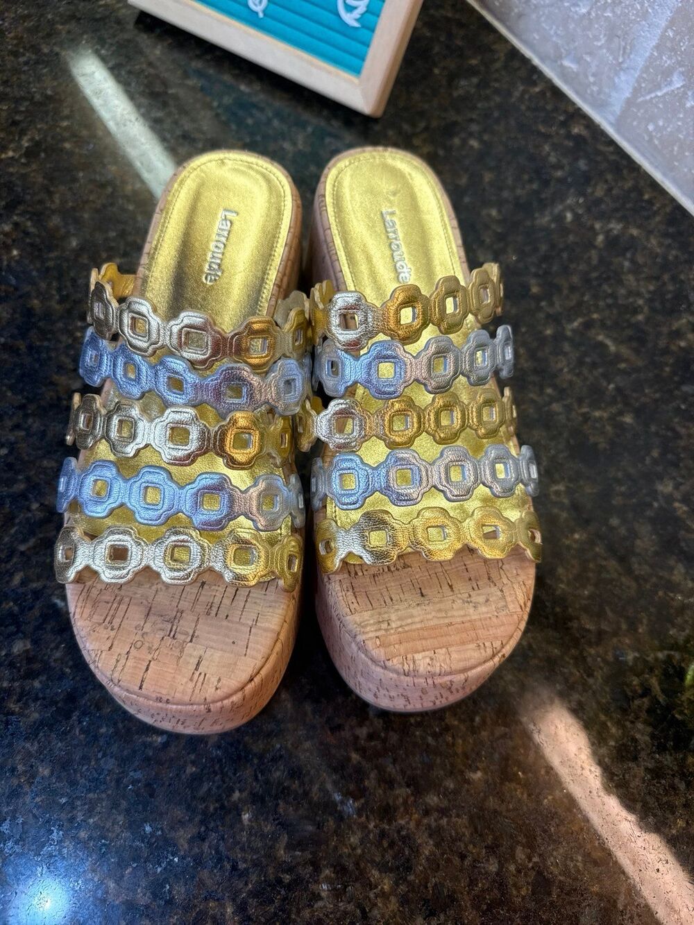 Larroude Charli Gold Silver Metallic Strap Sandals Mules 6.5 NWOT HARD TO FIND - Picture 11 of 12